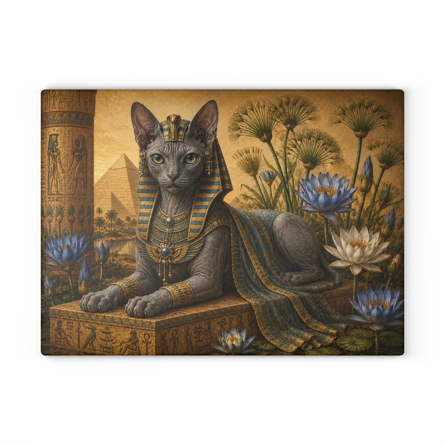 Ancient Egyptian Female Sphynx Cat Glass Cutting Board – Elegant Egyptian Cat Kitchen Decor