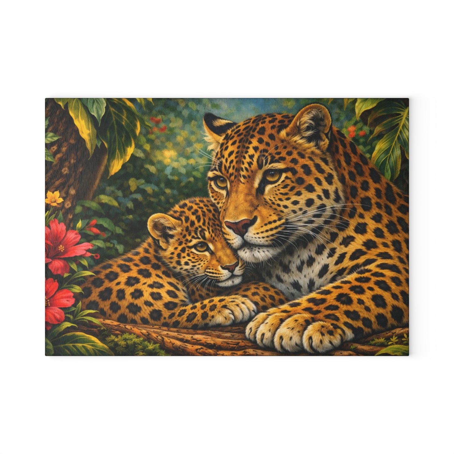 Leopard Mother and Cub Glass Cutting Board – Jungle Wildlife Family Artwork