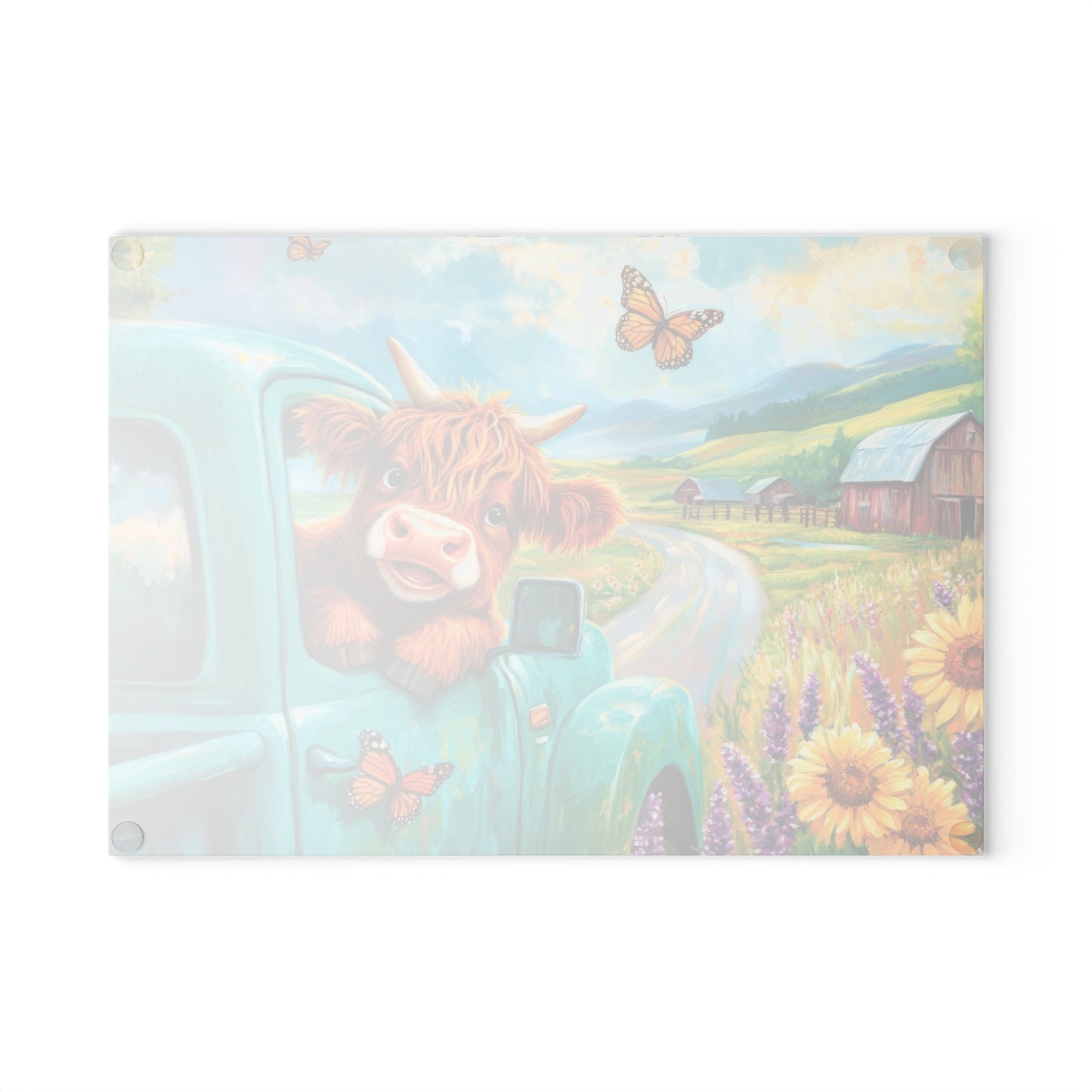 🚜🌻 Baby Highland Cow in Old Truck Glass Cutting Board – Rustic Farm Charm with Sunflowers & Barn 🌼