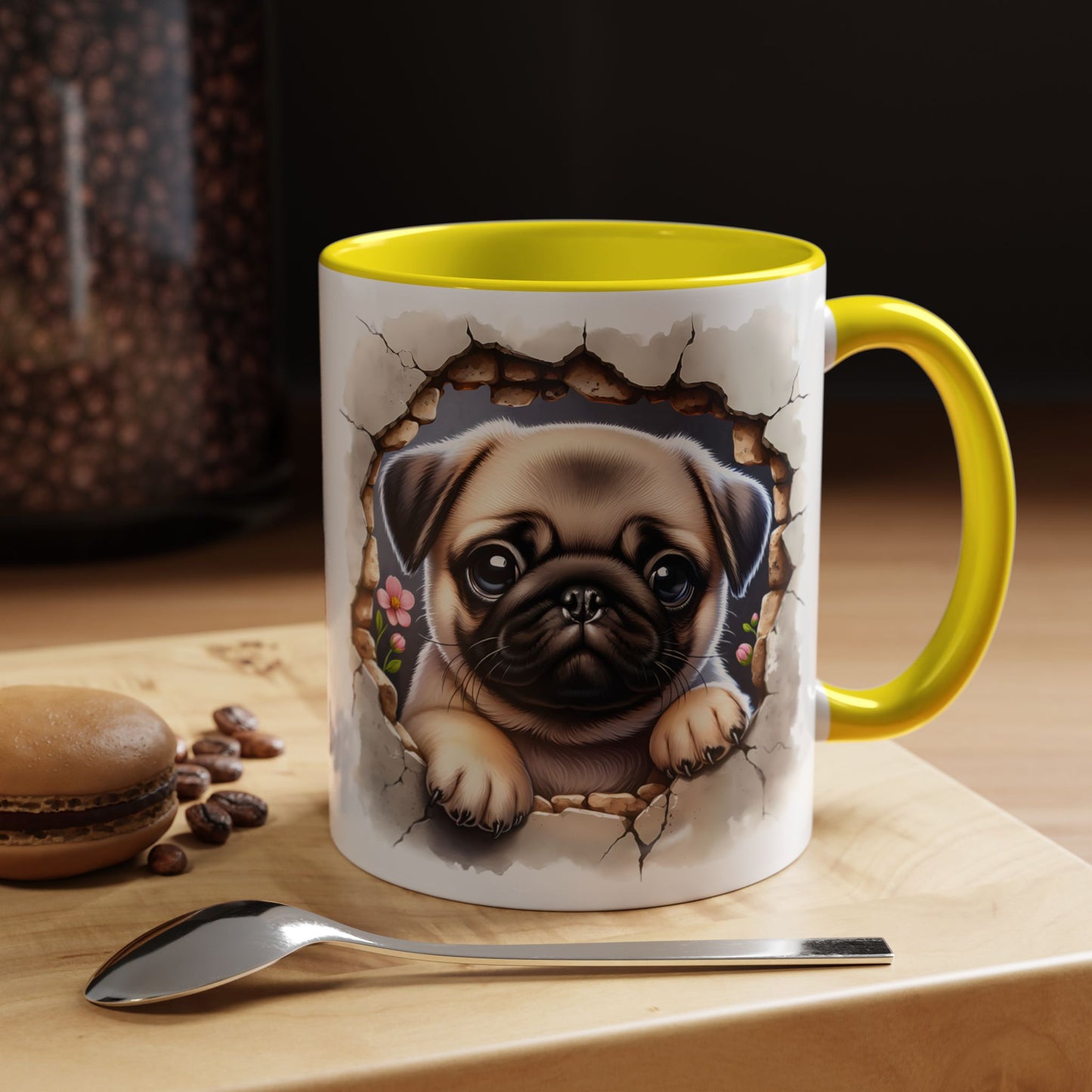 🐾💛 Pug Puppy Accent Mug – Cute Wrinkly Pug Coffee Cup ☕✨
