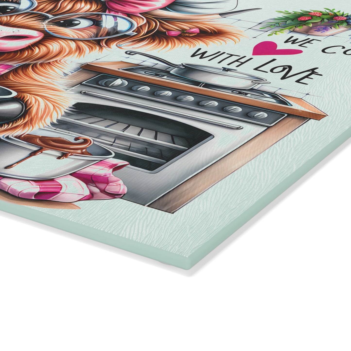 🐮 Sweet Highland Cow Baking Cutting Board – "We Cook With Love" Kitchen Whimsy