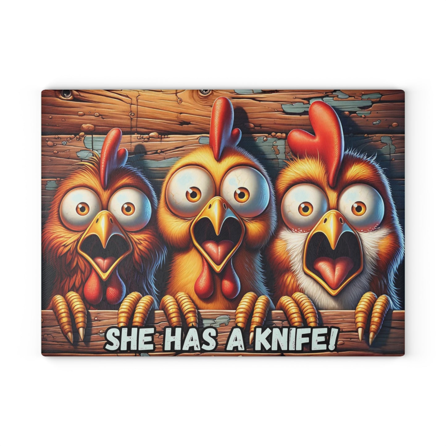 🐔🔪 “She Has a Knife!” Glass Cutting Board – Farmhouse Fun with a Spooky Twist