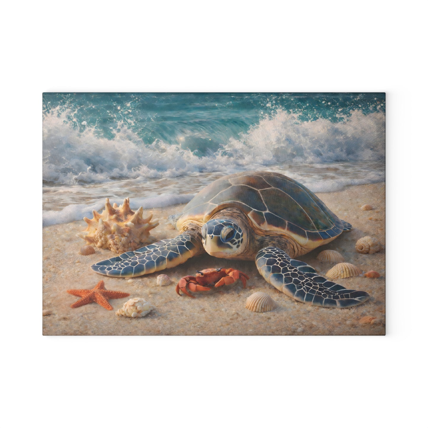 Sea Turtle Shoreline Glass Cutting Board – Coastal Beach Scene with Gentle Ocean Waves