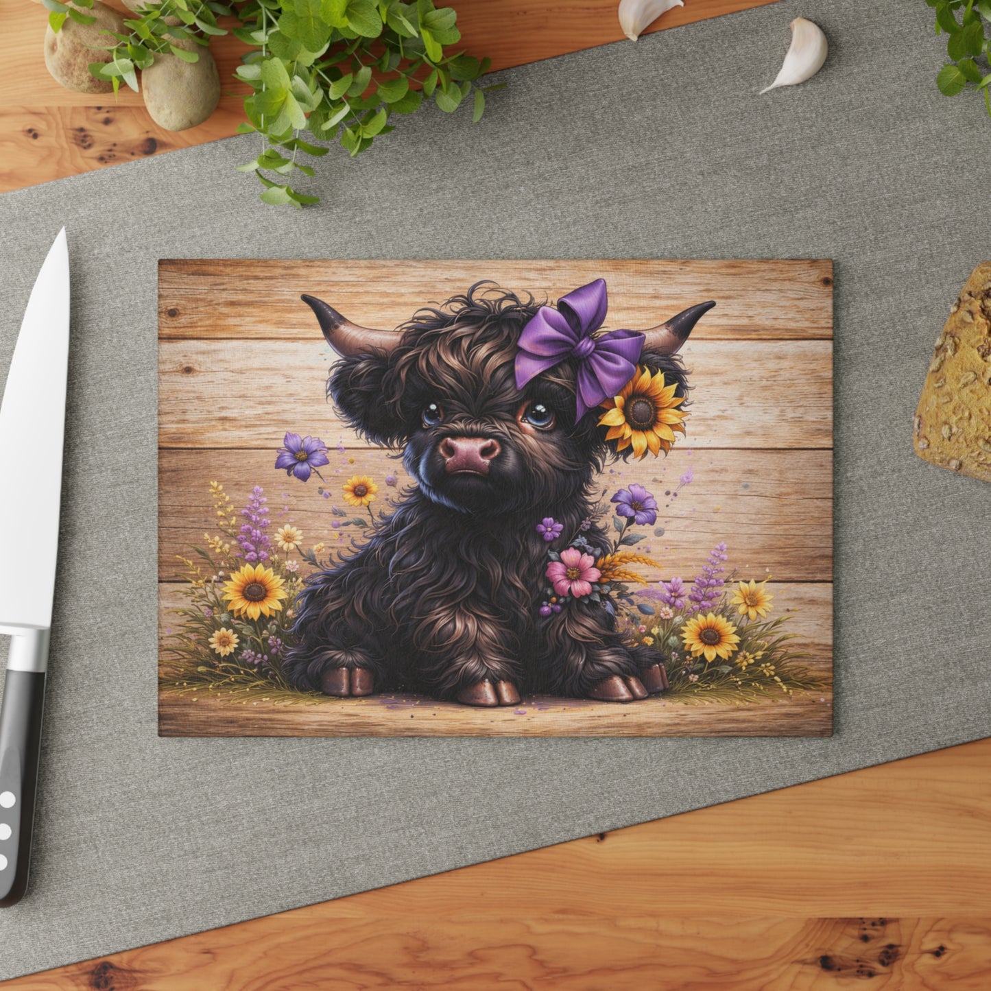 Sunflower Bow Highland Calf Glass Cutting Board – Rustic Farm Animal Art with Floral Country Charm
