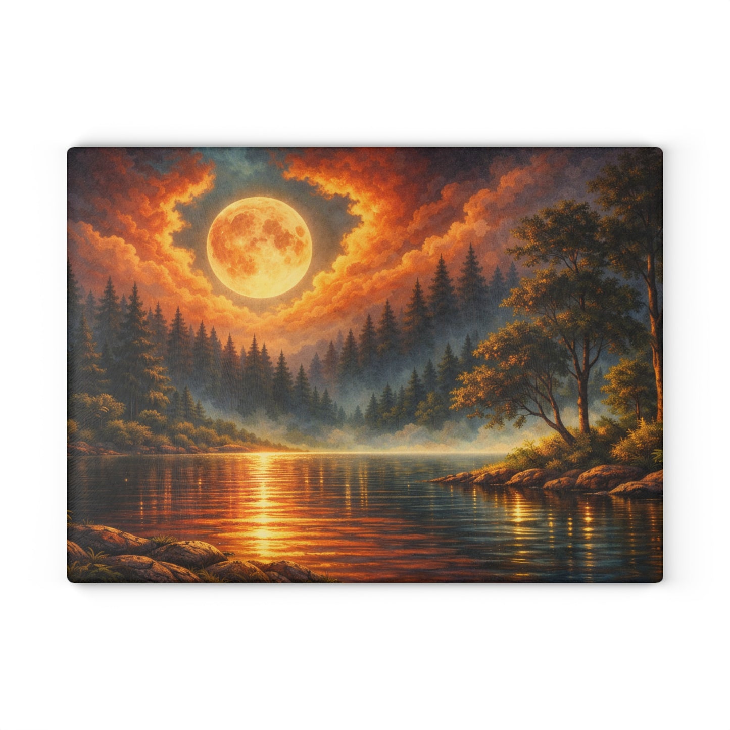 Moonlit Forest Lake Glass Cutting Board – Dramatic Night Landscape Kitchen Art