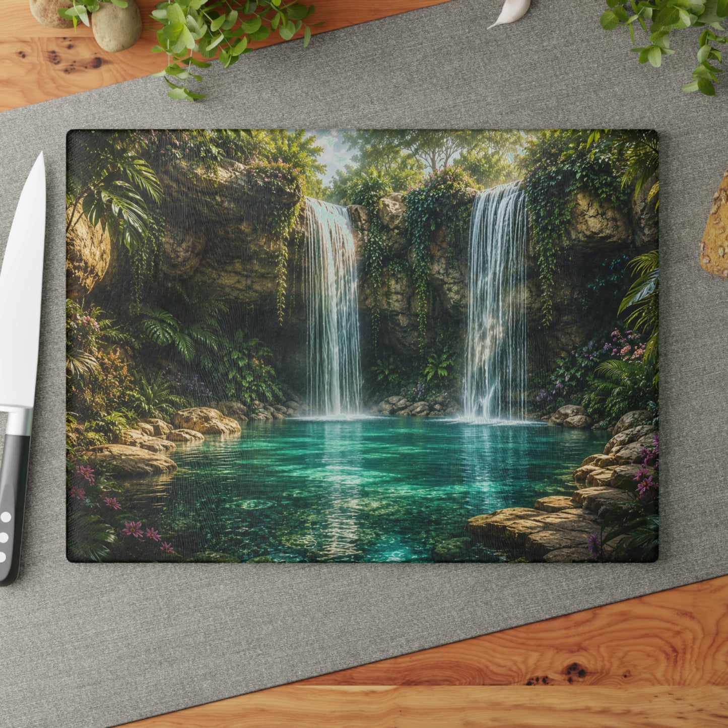 Tropical Twin Waterfall Glass Cutting Board – Serene Nature Kitchen Decor, Rainforest Waterfall Landscape Gift