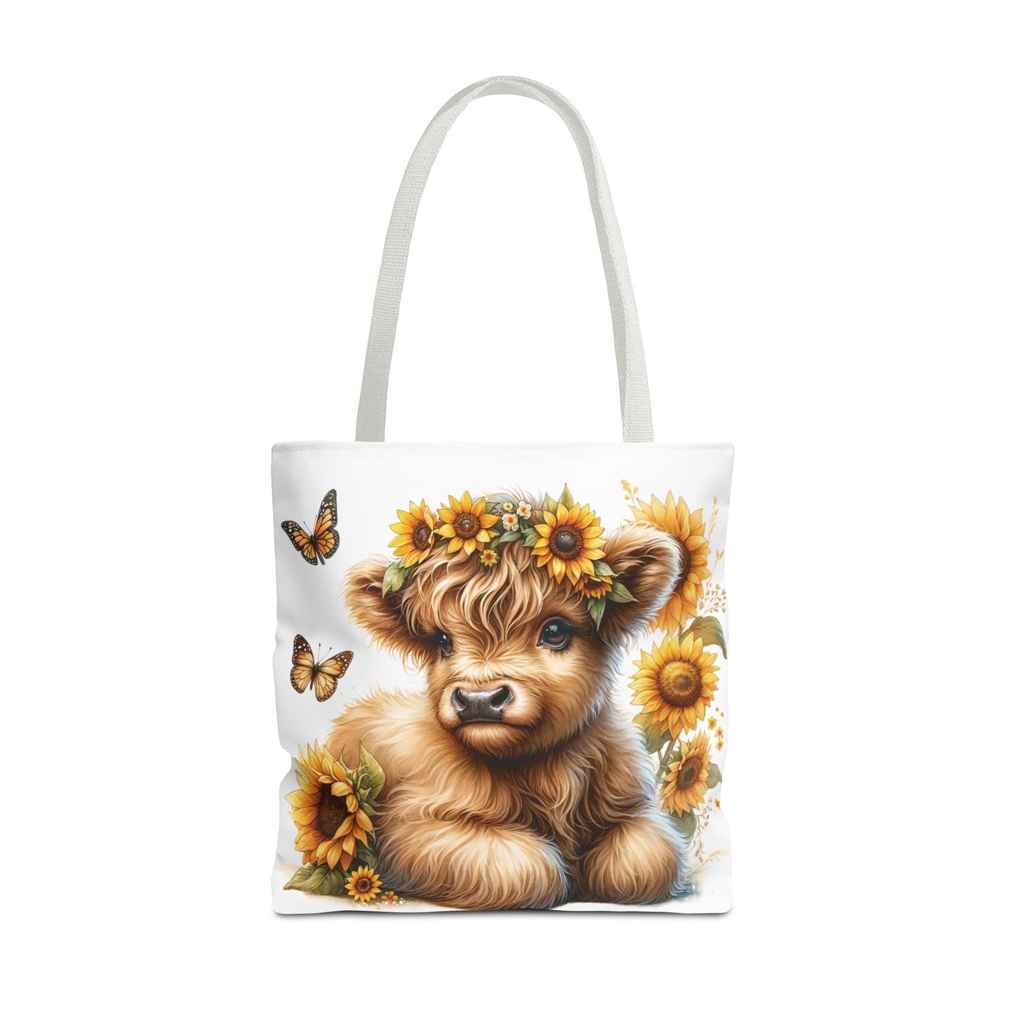 🌻 Sunflower Crown Highland Calf Tote Bag – Country Charm & Butterfly Bliss 🐮👜