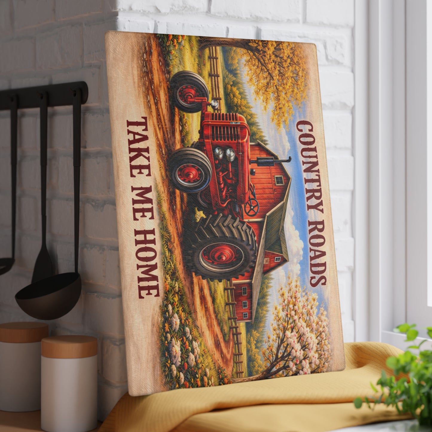 Country Roads Tractor Glass Cutting Board – Rustic Farmhouse Charm for Your Kitchen