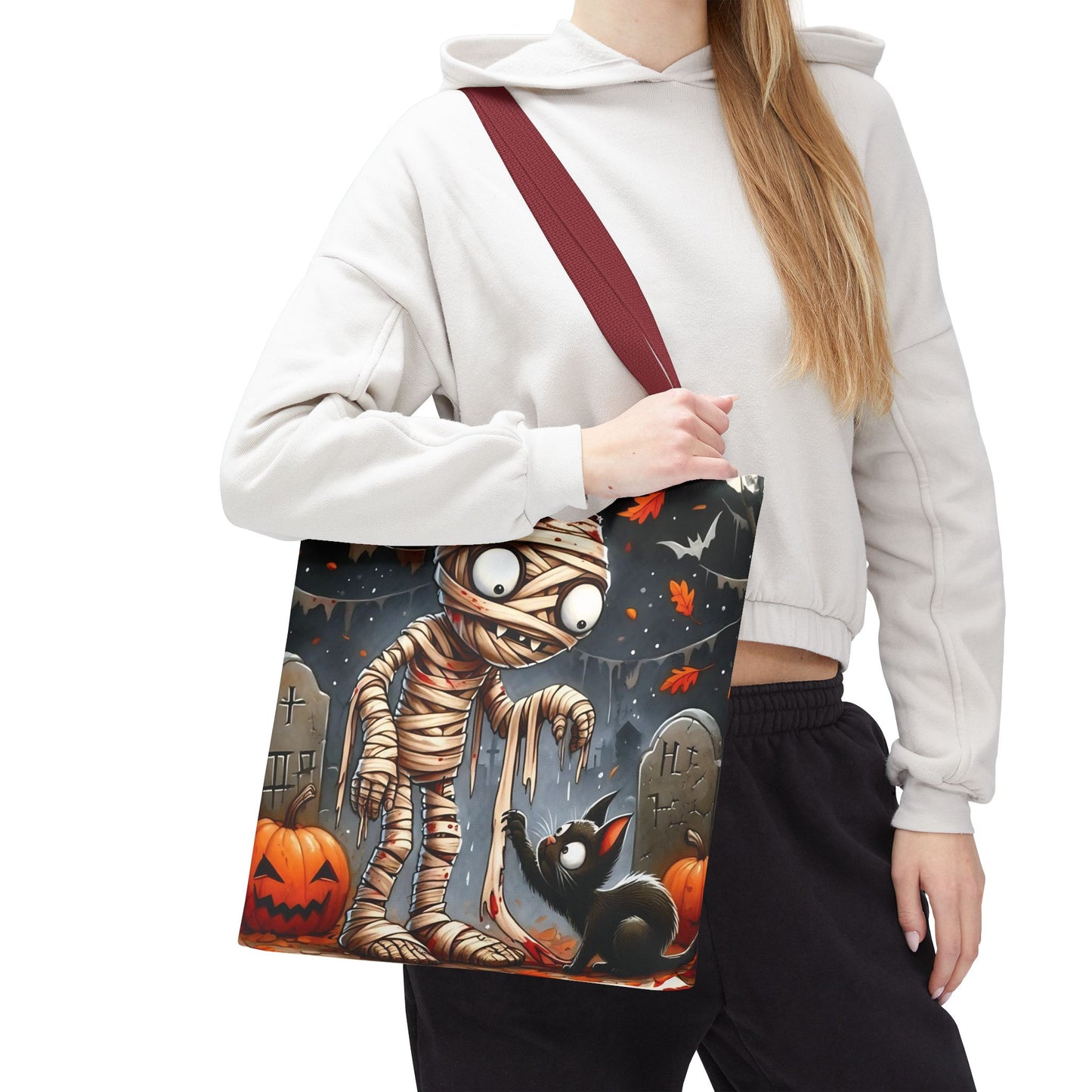 🎃 Mummy & Black Cat Halloween Tote Bag – Spooky Cute & Perfect for Trick-or-Treating 🖤🛍️