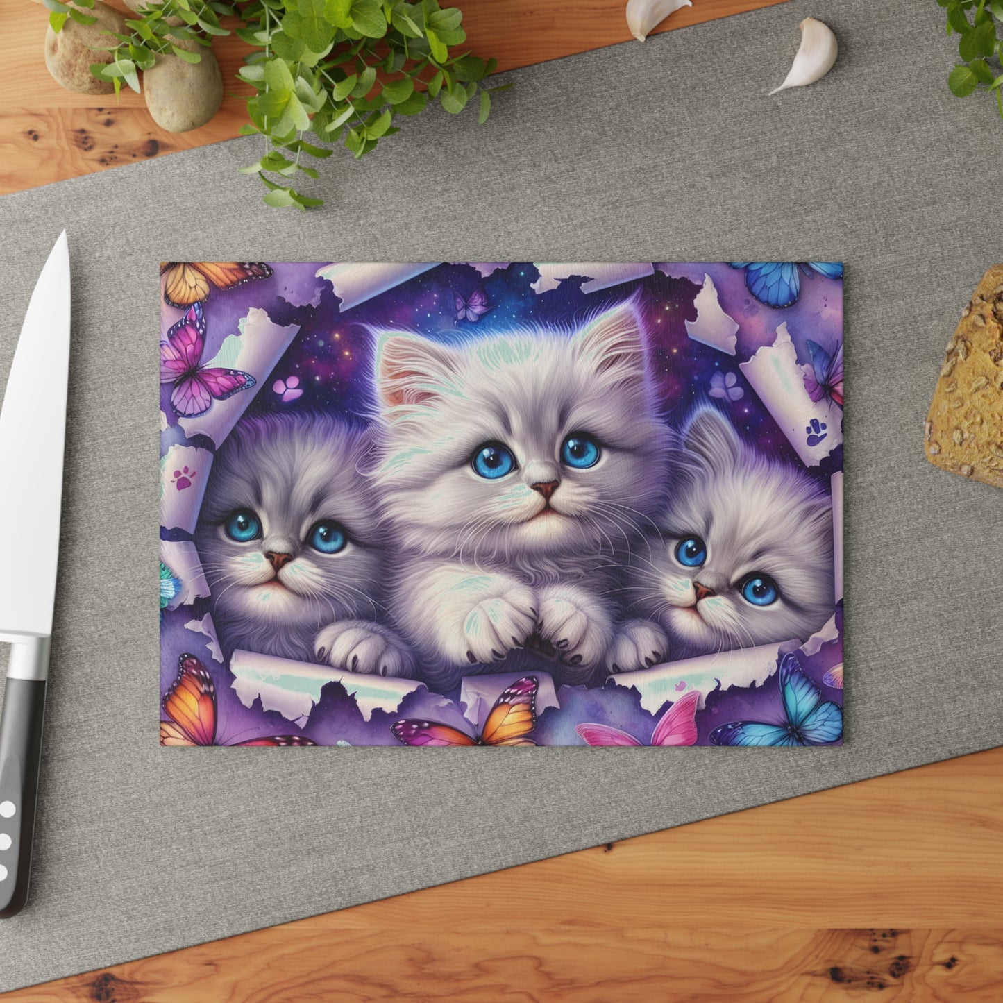 🐱 Blue-Eyed Kittens & Butterflies Cutting Board – Whimsical Charm for Your Kitchen 🦋