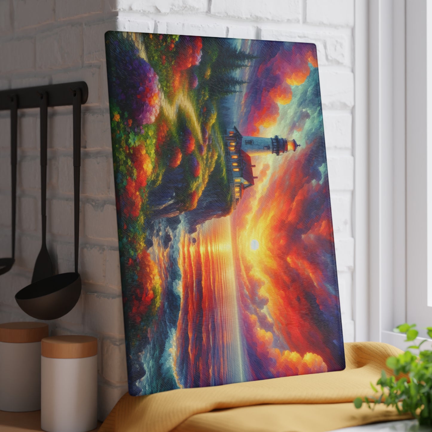Radiant Lighthouse Sunset Glass Cutting Board – Coastal Seascape Art Kitchen Display