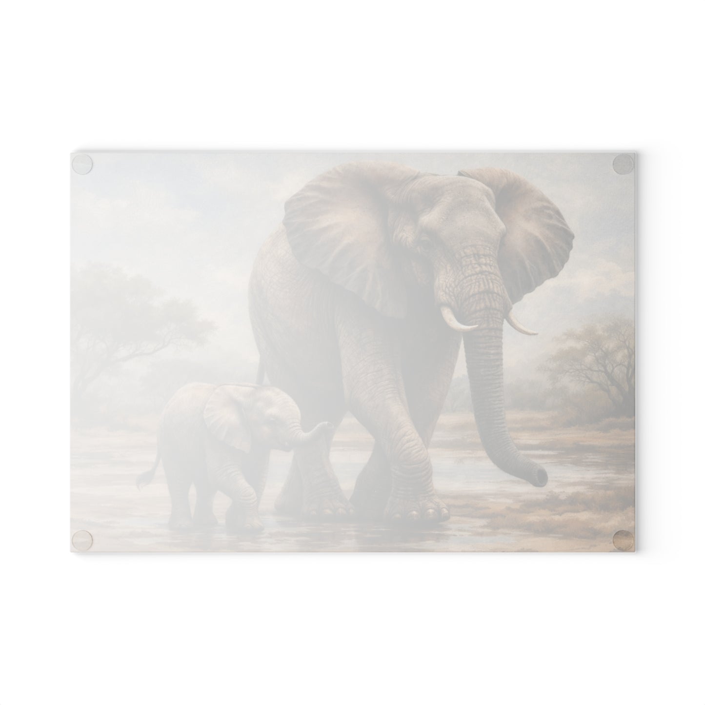 Mother and Baby Elephant Glass Cutting Board – Gentle Safari Wildlife Kitchen Art