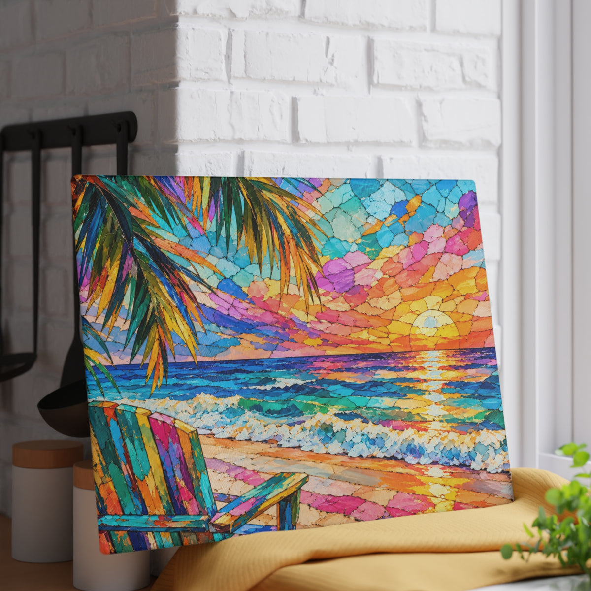 Colorful Tropical Sunset Stained-Glass-Look Glass Cutting Board – Beach Ocean Kitchen Decor