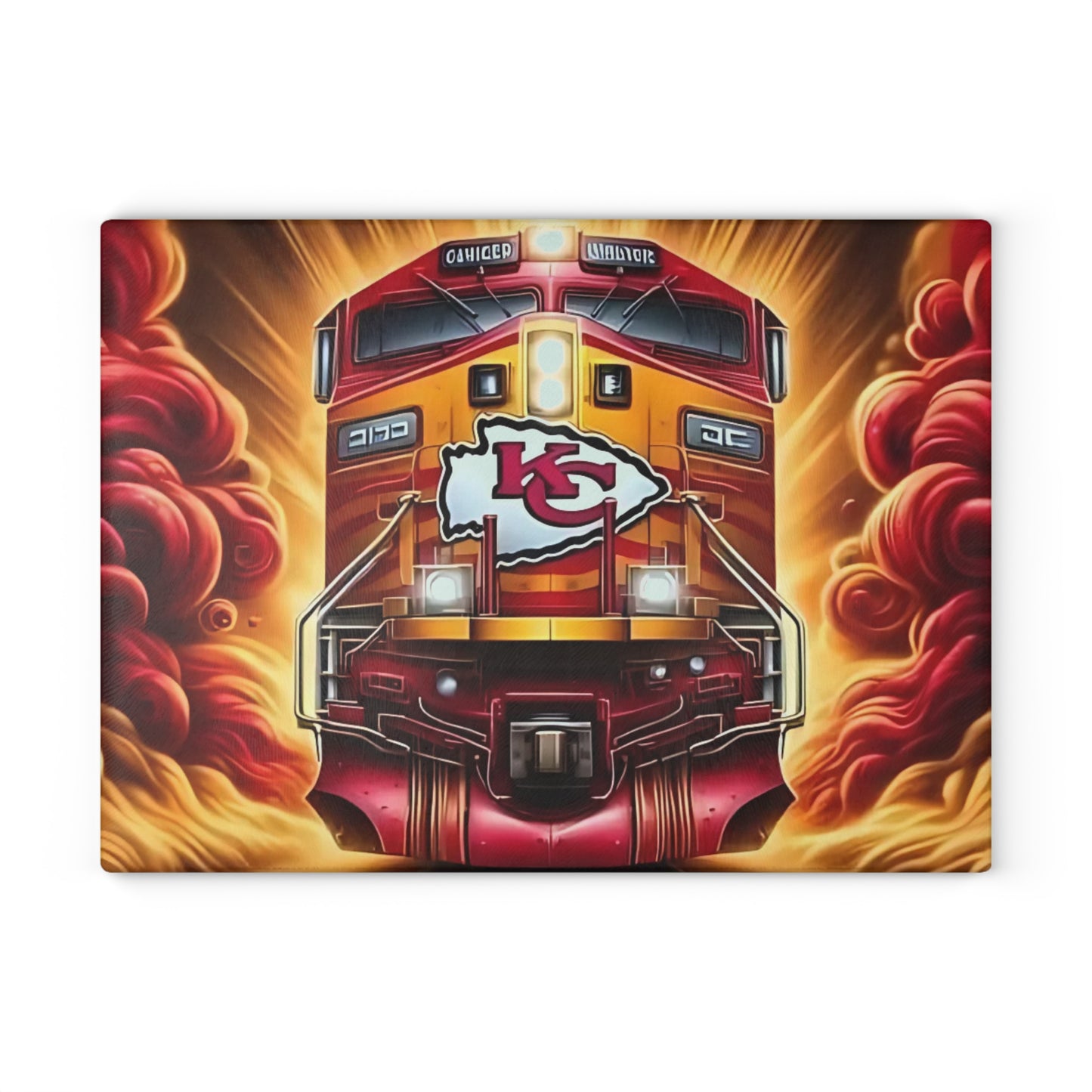 Tabla de cortar de vidrio Express roja y dorada: exhibición de cocina con un llamativo diseño de tren
