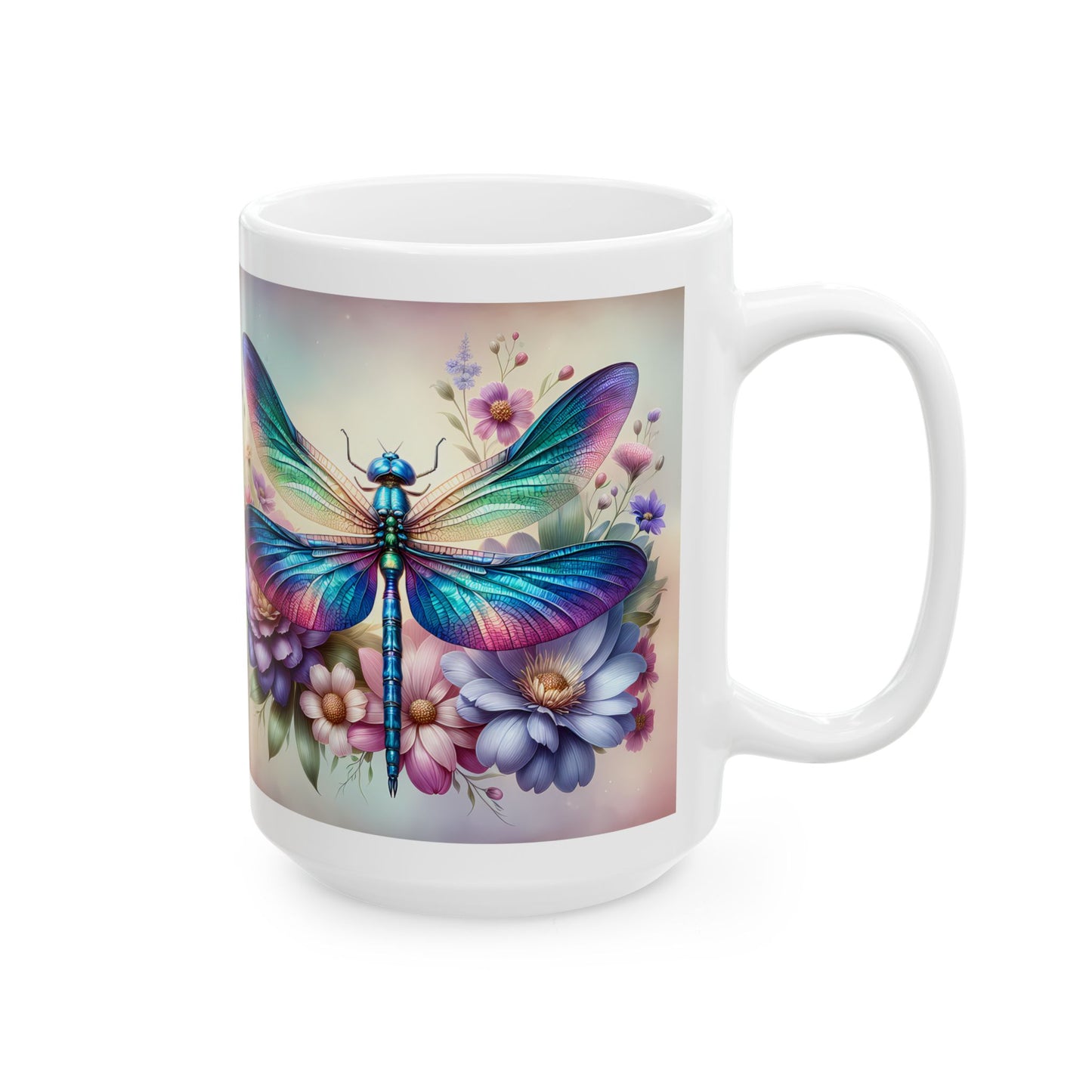 🌸 Vivid Garden Bloom – Envoltorio para taza de café con libélula arcoíris ☕