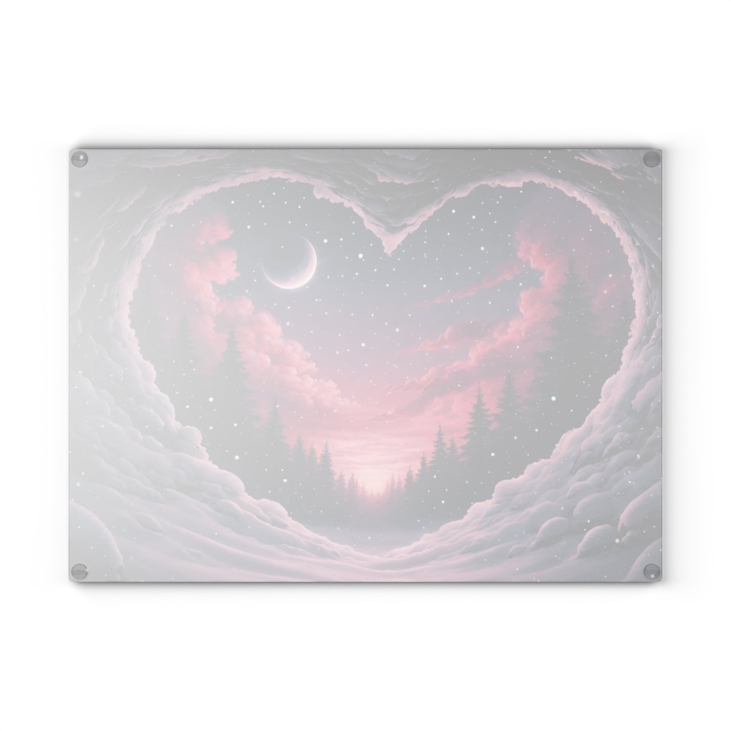 Winter Heartscape Glass Cutting Board – Dreamy Snowy Landscape Kitchen Display