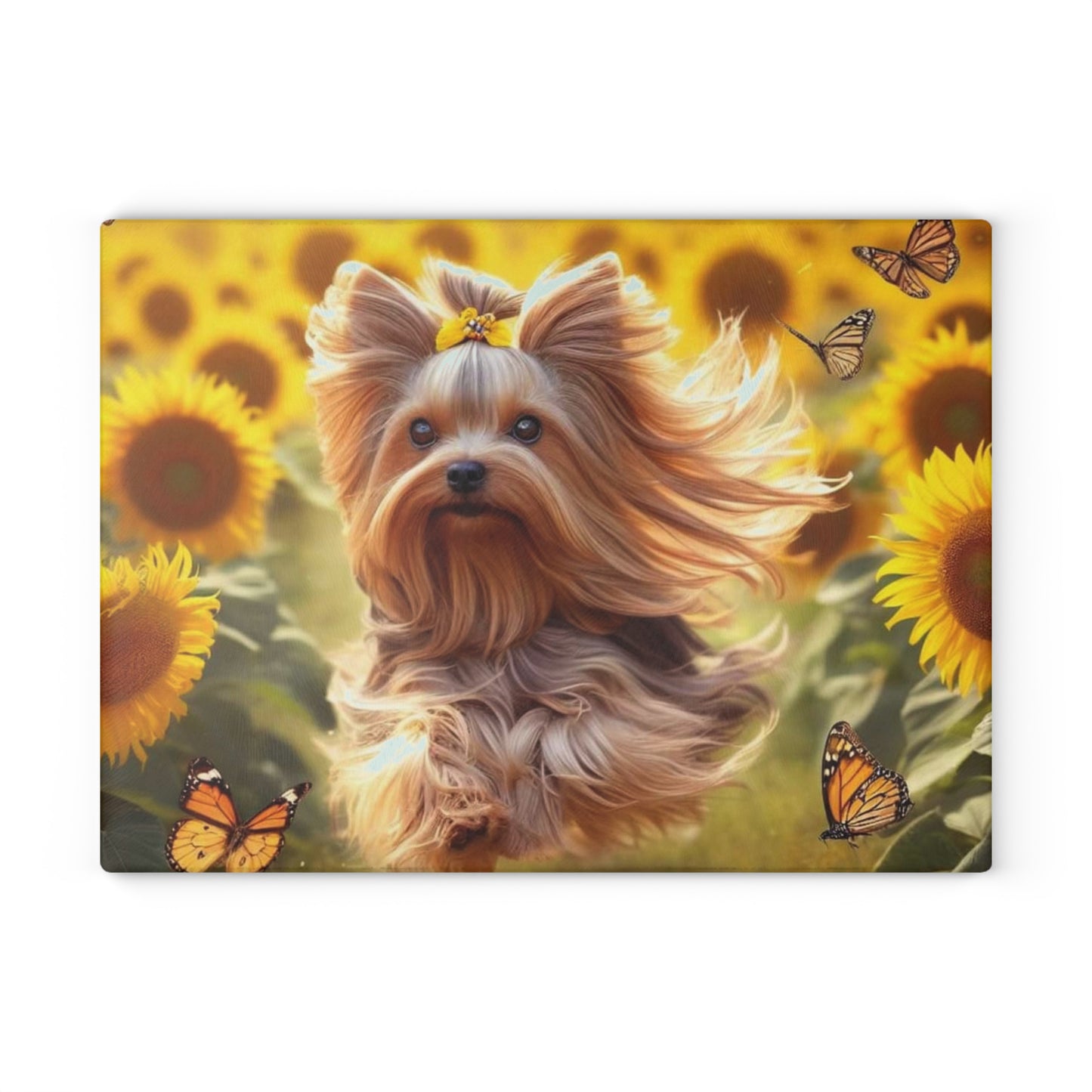 Yorkshire Terrier entre los girasoles – Tabla de cortar de vidrio templado