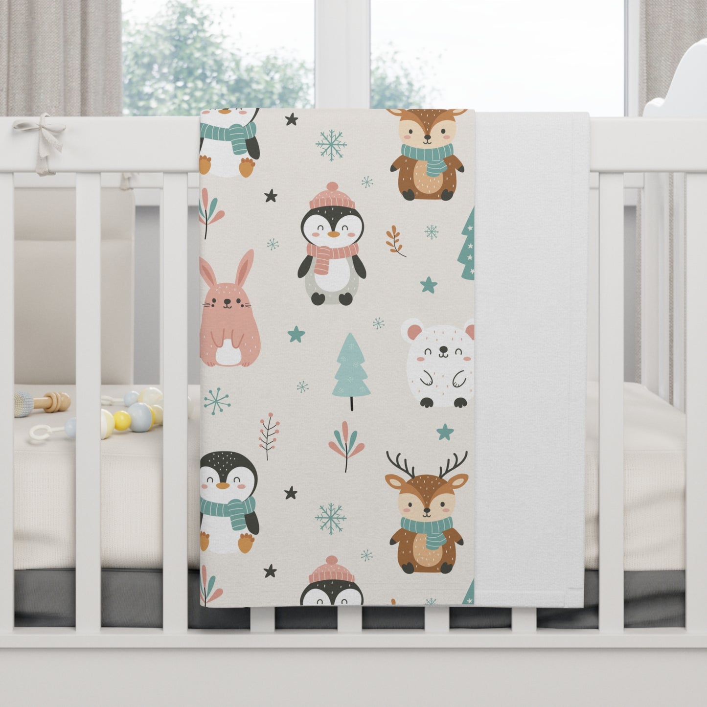 Winter Woodland Friends Baby Blanket – Ultra-Soft Fleece 30″×40″ | Penguins, Reindeer, Bunny & Bear