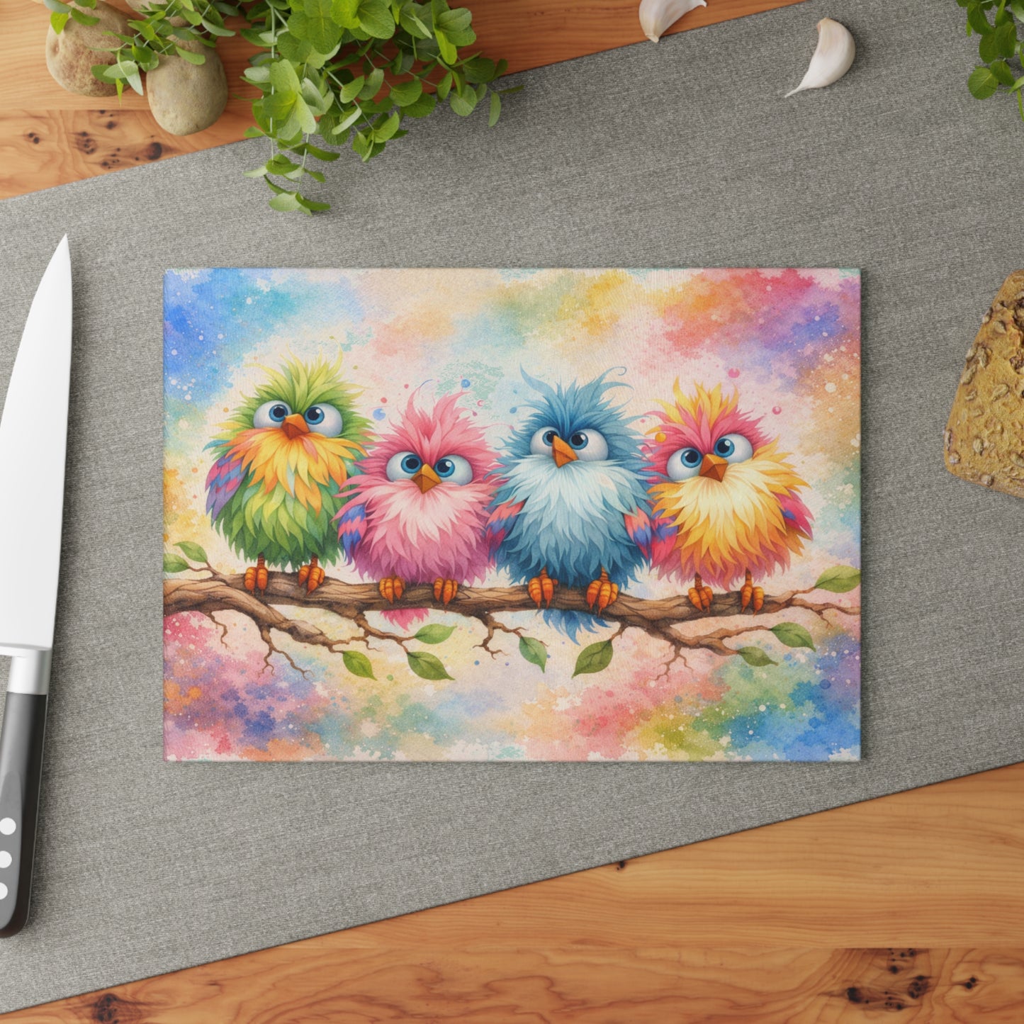 Colorful Birds on a Branch Glass Cutting Board – Whimsical Farmhouse Kitchen Decor with Bright Watercolor Style