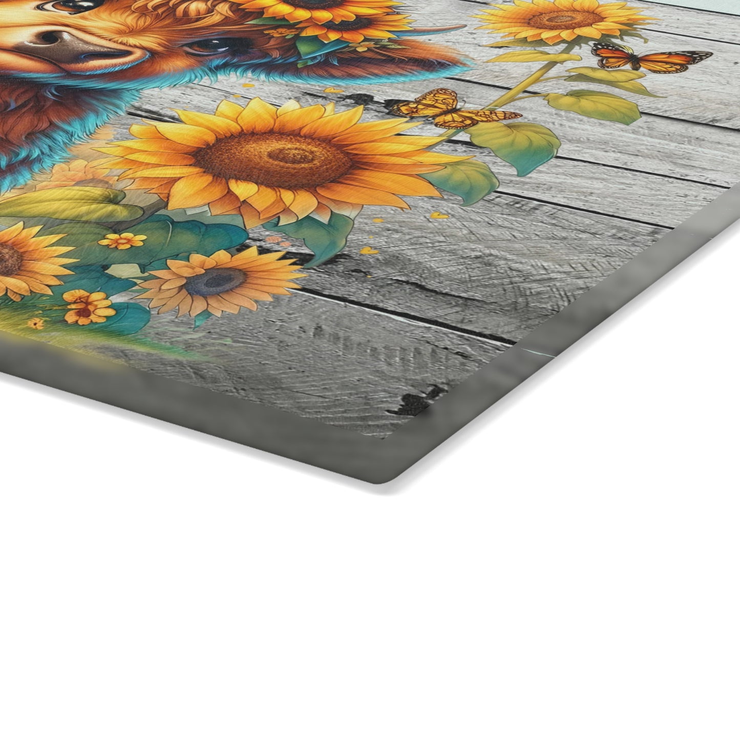 Highland Cow with Sunflowers & Butterflies – Rustic Floral Glass Cutting Board