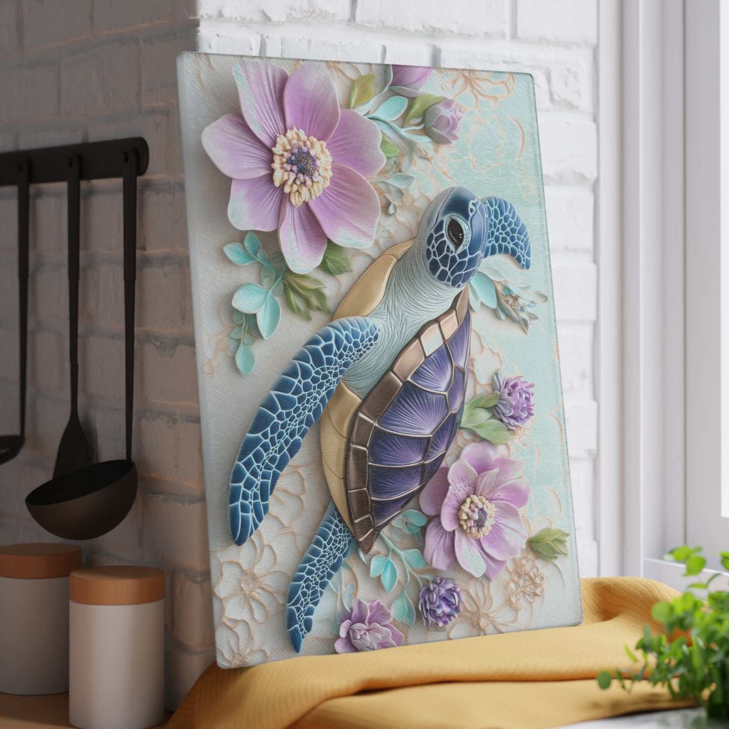 🐢 Floral Sea Turtle Cutting Board – Ocean Beauty Meets Botanical Elegance