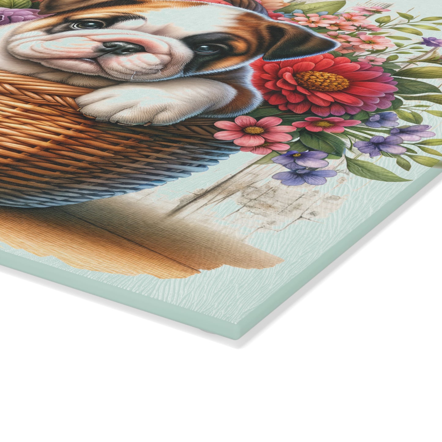 🐾 English Bulldog in Bloom Basket Cutting Board – Rustic Elegance for Your Kitchen 🌺