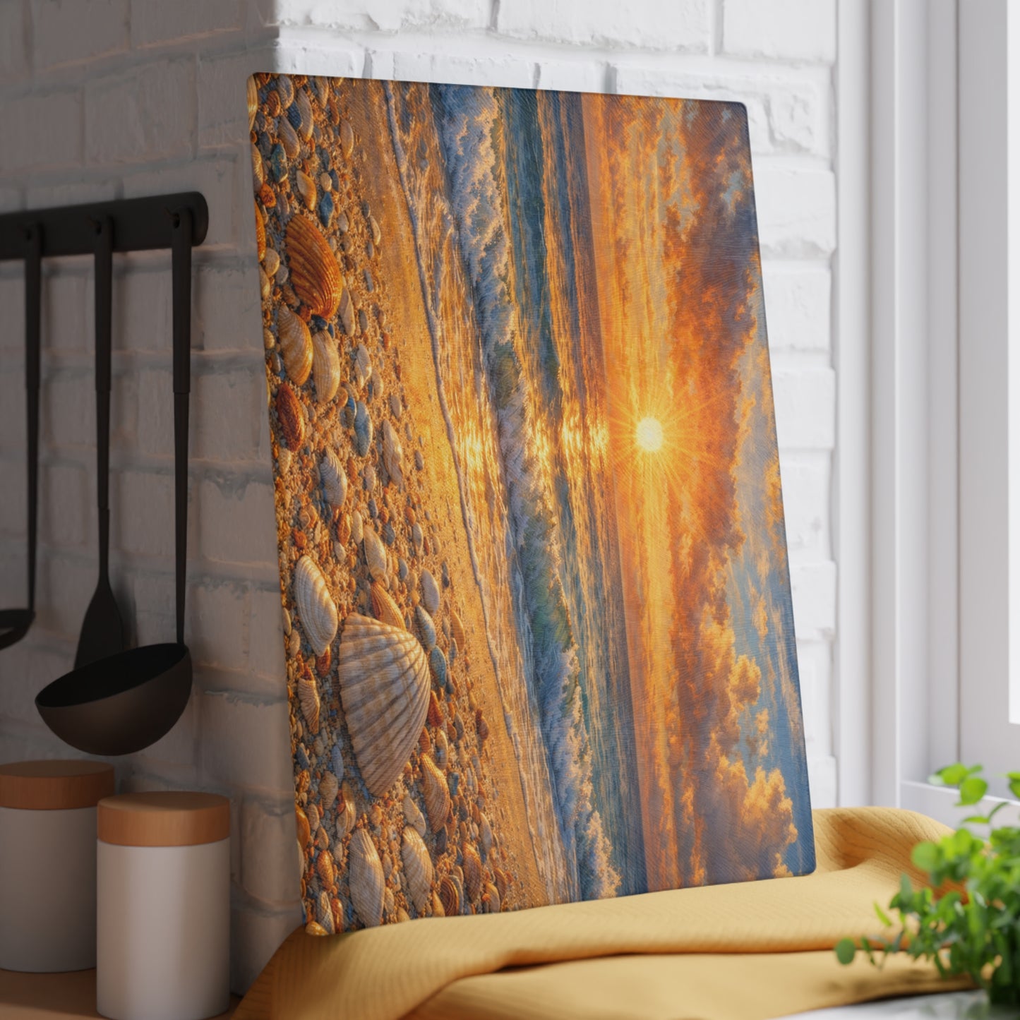 Golden Beach Sunrise Glass Cutting Board – Coastal Seashell Ocean Art