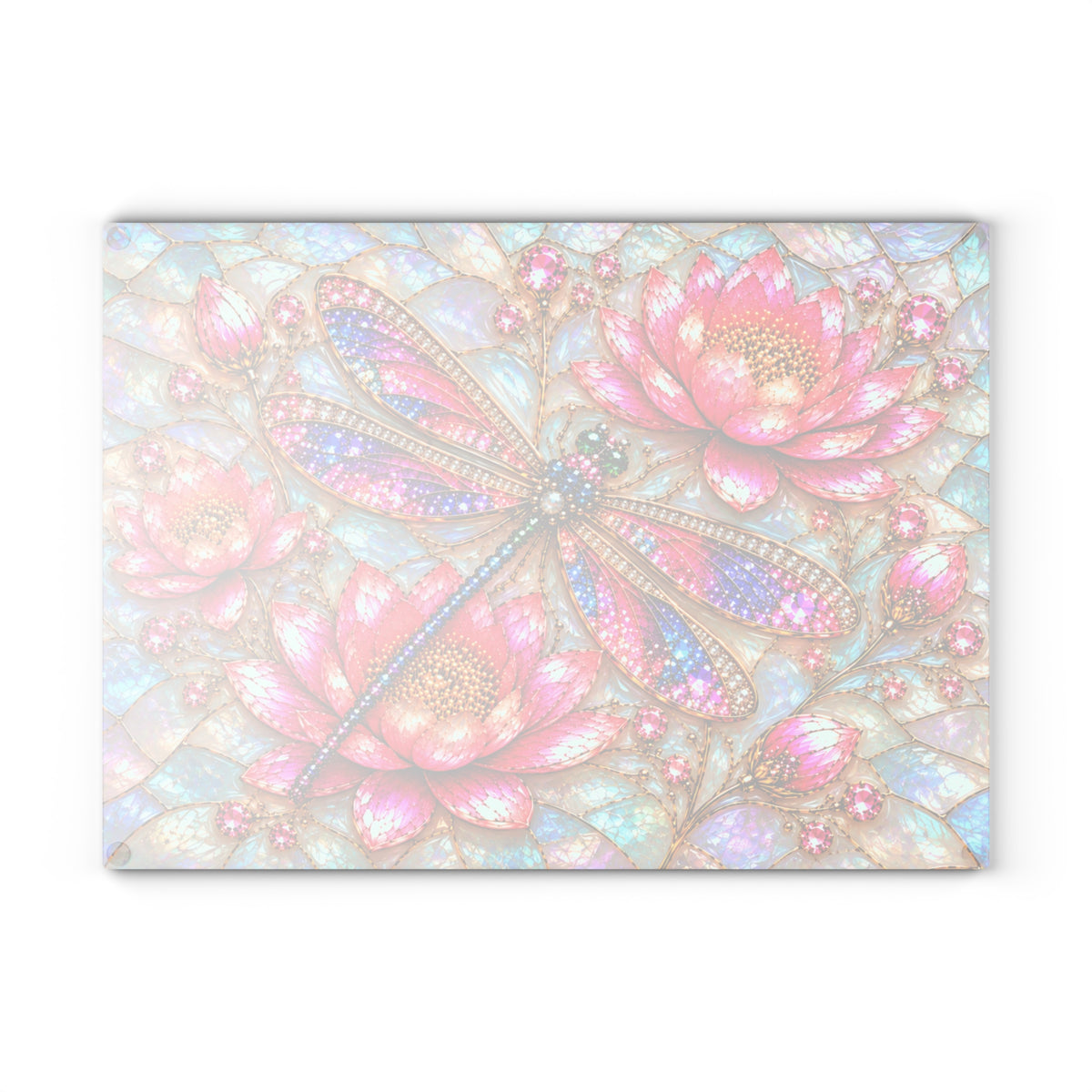 Stained-Glass-Inspired Pink Lotus & Dragonfly Cutting Board – Sparkling Rainbow Wings, Jeweled Blossoms & Iridescent Mosaic Kitchen Décor