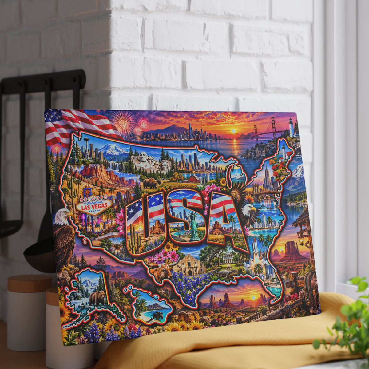 USA Map Cutting Board – Colorful American Landmarks, Patriotic Flag, National Parks & Scenic United States Kitchen Décor