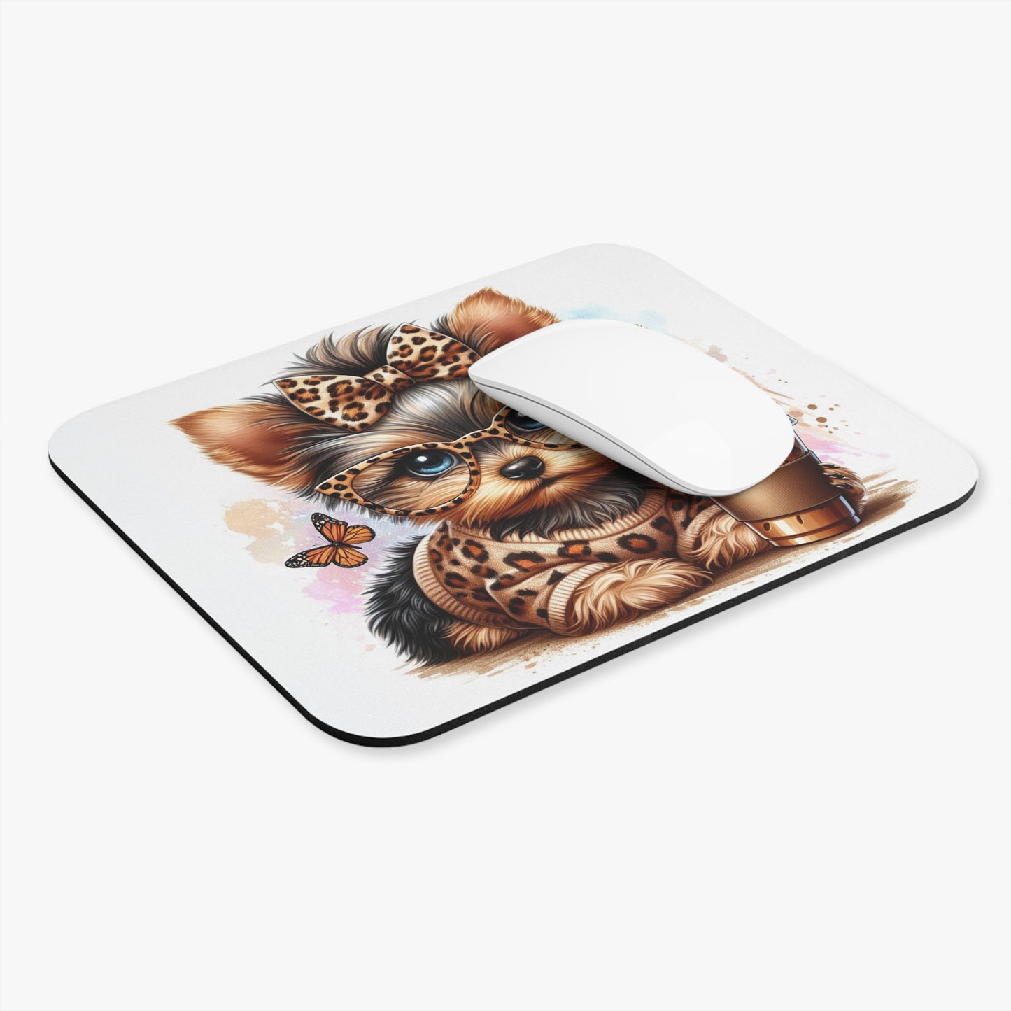 🖱️🐶🧋 Yorkie Mouse Pad – Leopard Bow, Glasses & Iced Coffee Cutie