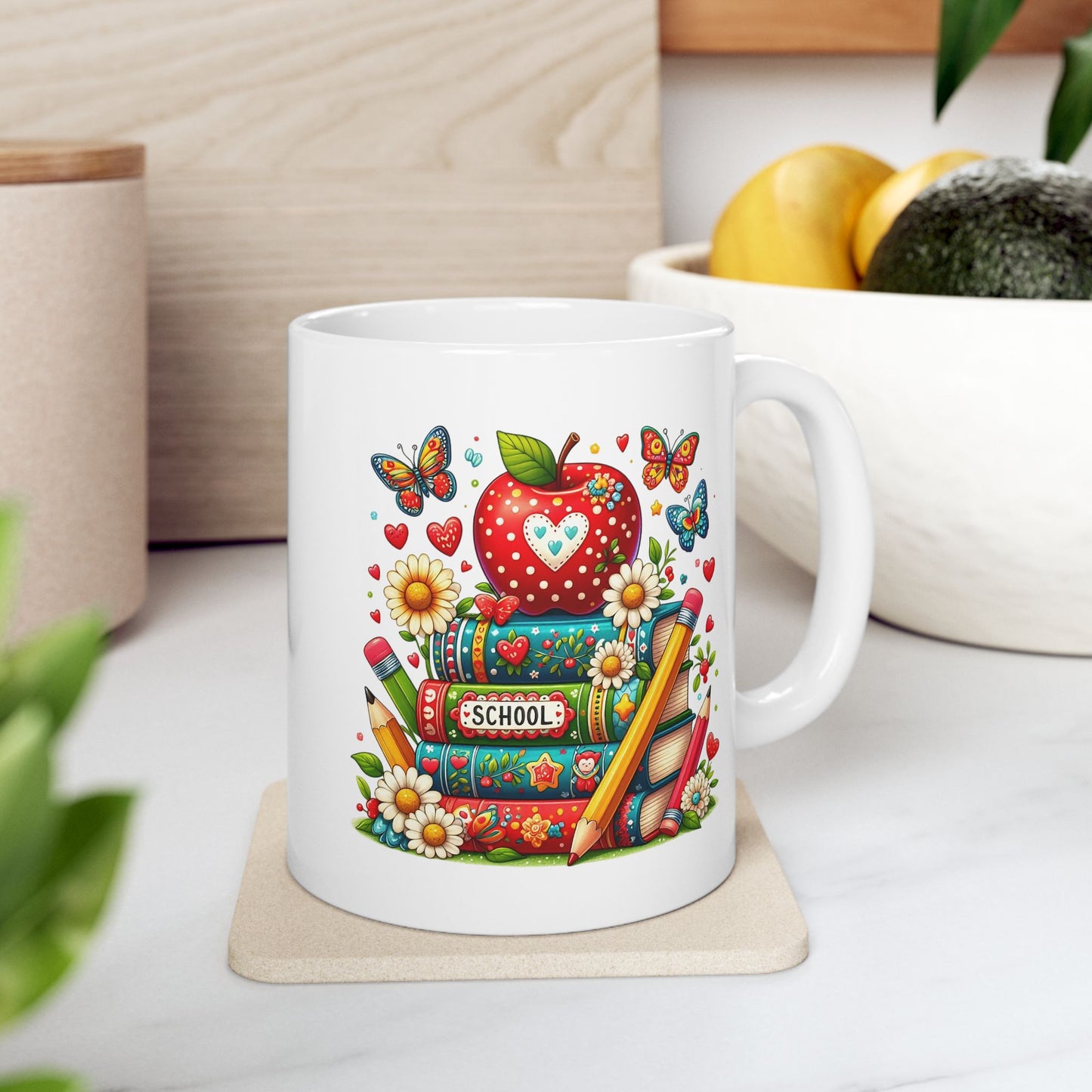 🍎 Teacher Love Back-to-School Mug – Bright Books & Butterflies 🌼