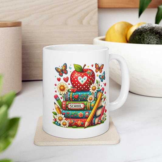 🍎 Teacher Love Back-to-School Mug – Bright Books & Butterflies 🌼