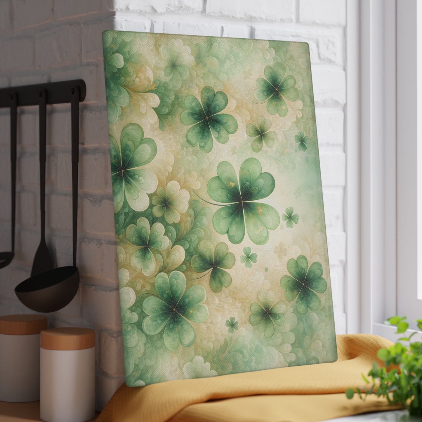 Abstract Shamrock Pattern Glass Cutting Board – St. Patrick’s Day Green Clover Kitchen Art