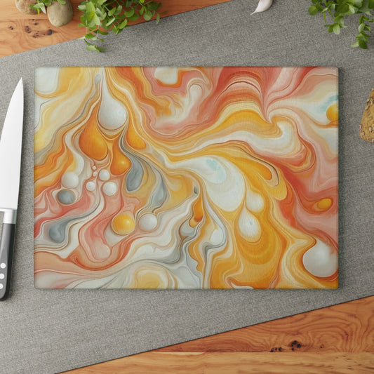 Tabla de cortar de vidrio templado con efecto mármol amarillo, gris y naranja: elegante decoración de cocina con aspecto de mármol, ideal para regalar y funcional.