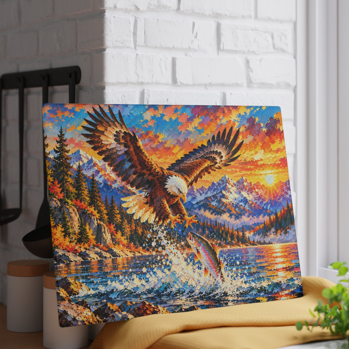 Majestic Bald Eagle & Leaping Trout – Colorful Mountain Sunset Tempered Glass Cutting Board – Wildlife & Nature Kitchen Decor