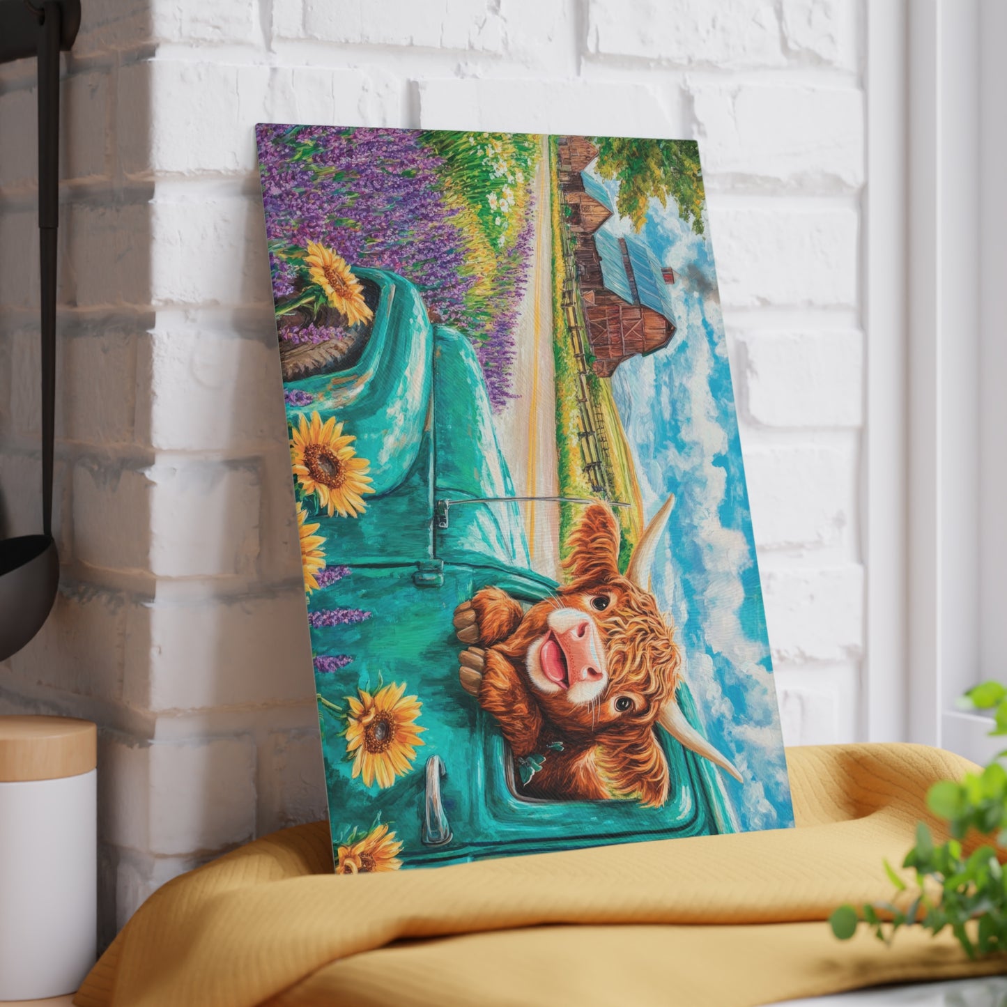🚜🌻 Baby Highland Cow in Old Truck Glass Cutting Board – Rustic Farm Charm with Sunflowers & Barn 🌼
