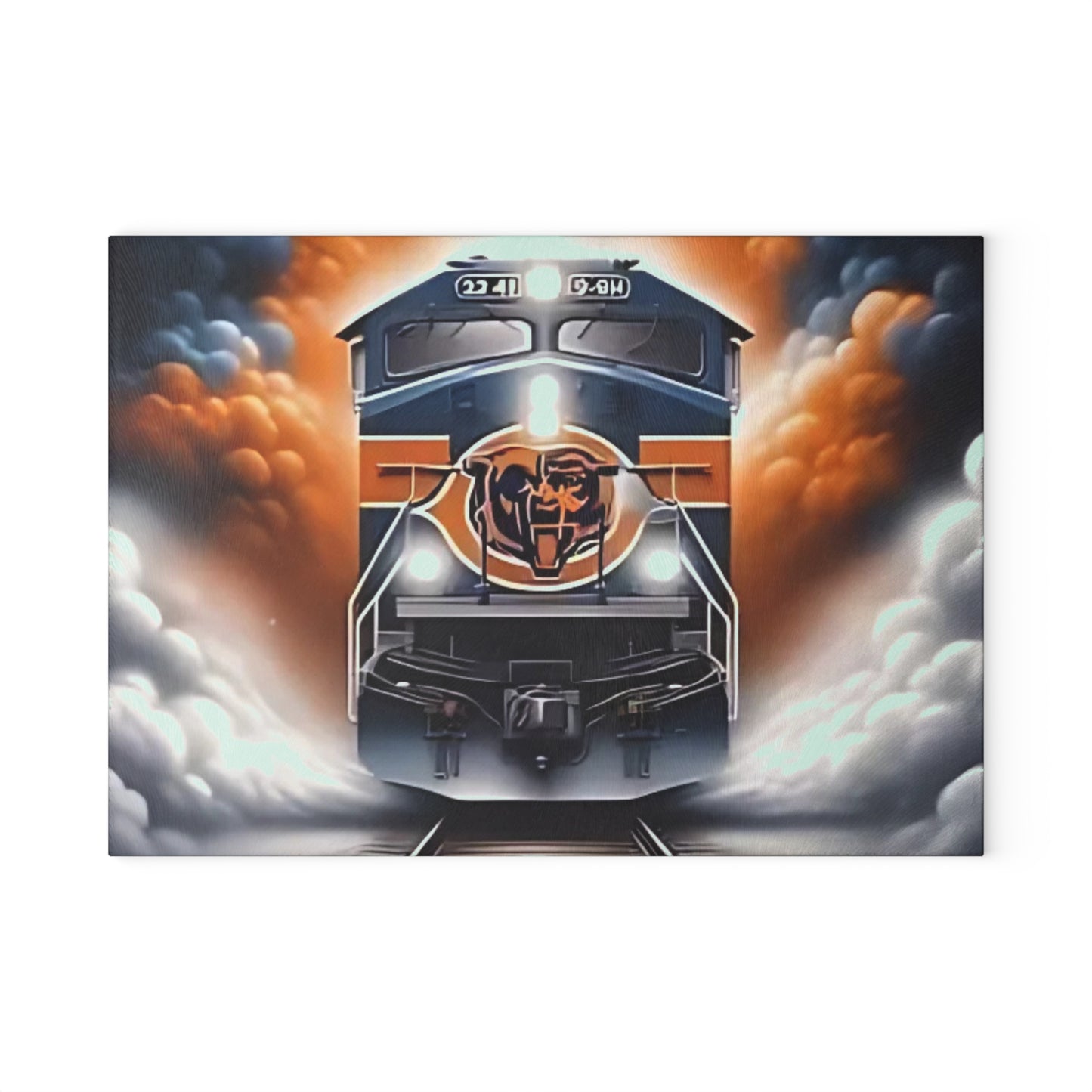 Navy & Orange Express Glass Cutting Board – Striking Train Art for Bold Kitchens