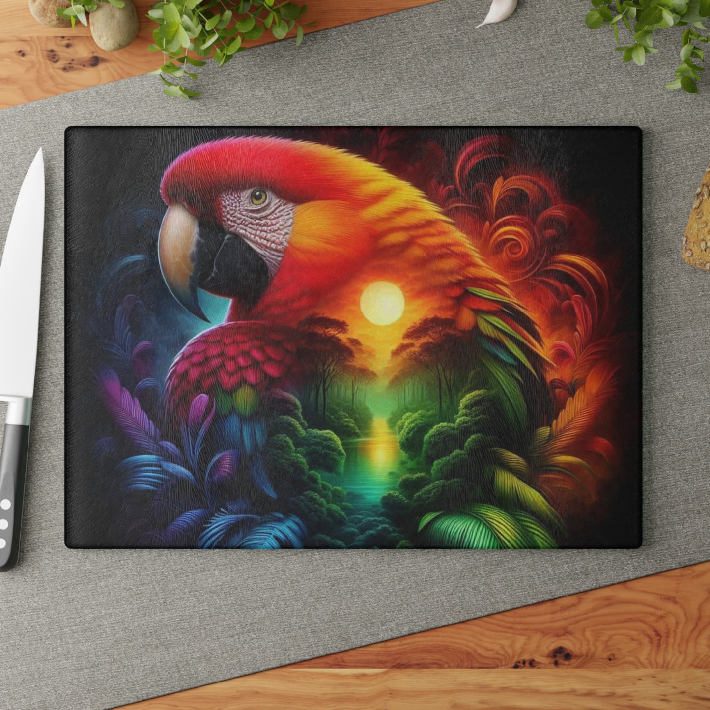 🦜🌈 Tropical Parrot Sunset Cutting Board – Vibrant Color & Warm Jungle Glow for Your Kitchen