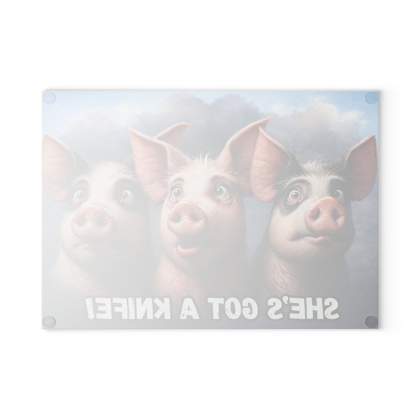 She’s Got a Knife Glass Cutting Board – Funny Pig Kitchen Art with Wide-Eyed Farmhouse Humor