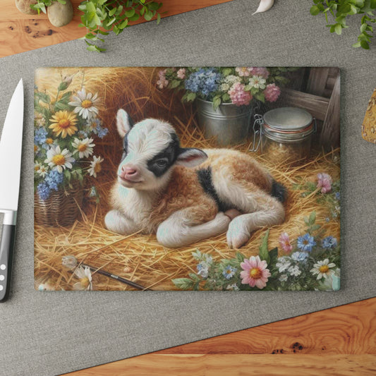 🐐🌸 Baby Goat in the Hayloft Glass Cutting Board – Rustic Farm Charm for Your Kitchen 🌾