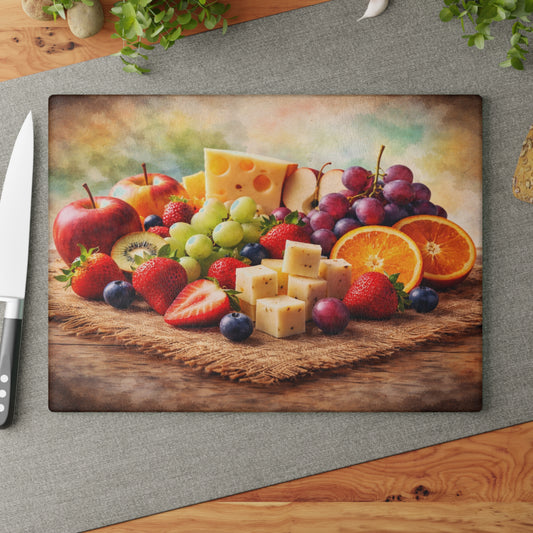 Farmhouse Fruit and Cheese Still Life Glass Cutting Board – Rustic Kitchen Art with Vibrant Harvest Colors