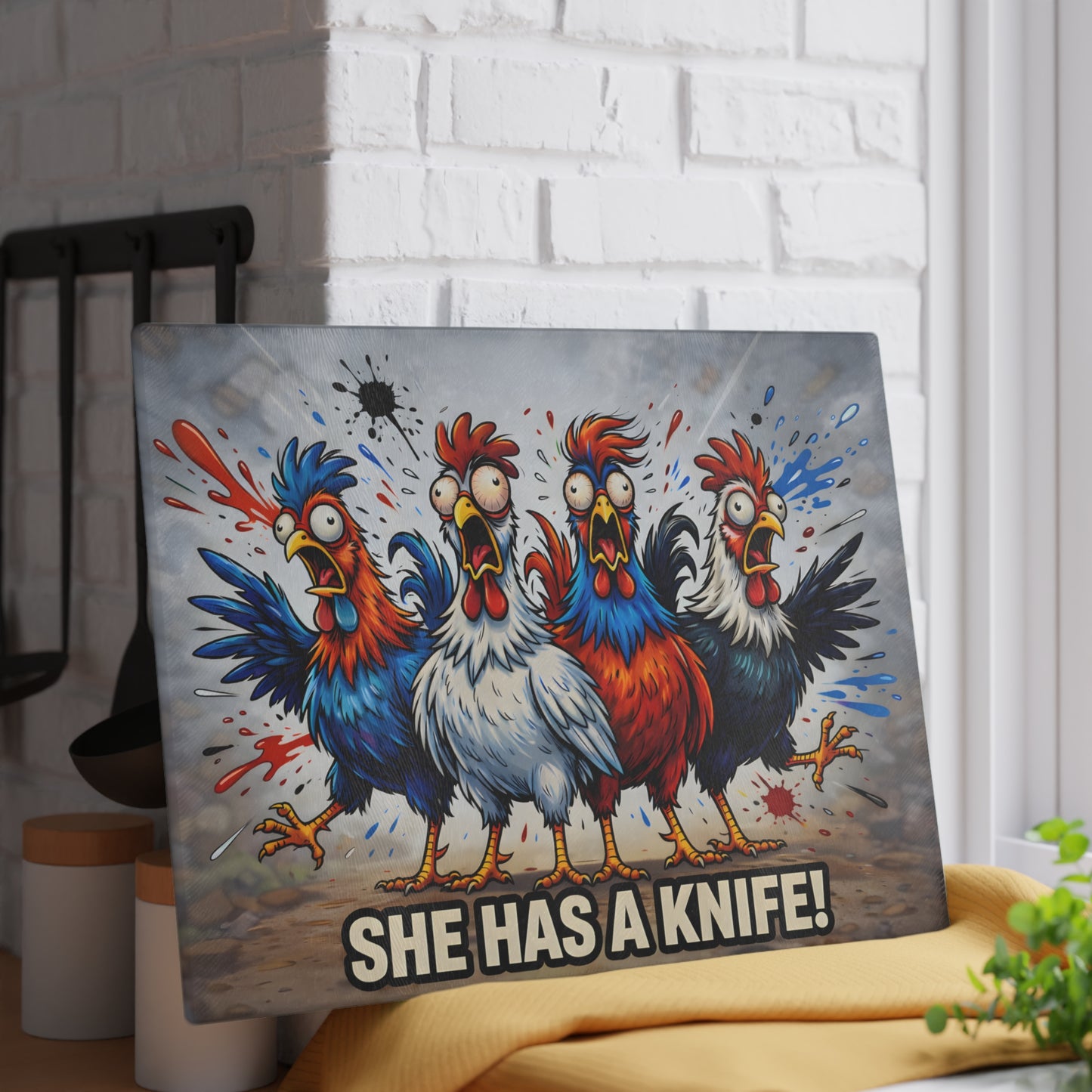 She Has a Knife! Glass Cutting Board – Bold Funny Chicken Kitchen Art