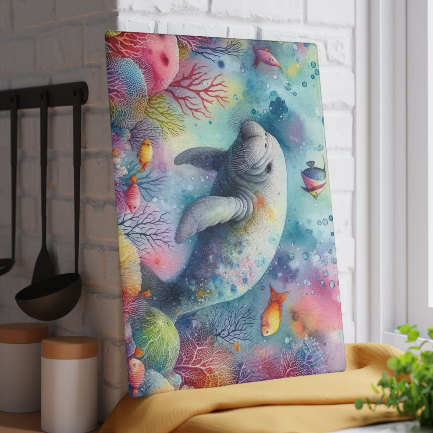 Tabla de cortar de manatí, vidrio texturizado, decoración de cocina de primavera de Florida, regalo para el hogar costero, inauguración de la casa en la playa, amante de los manatíes, arte marino, náutico
