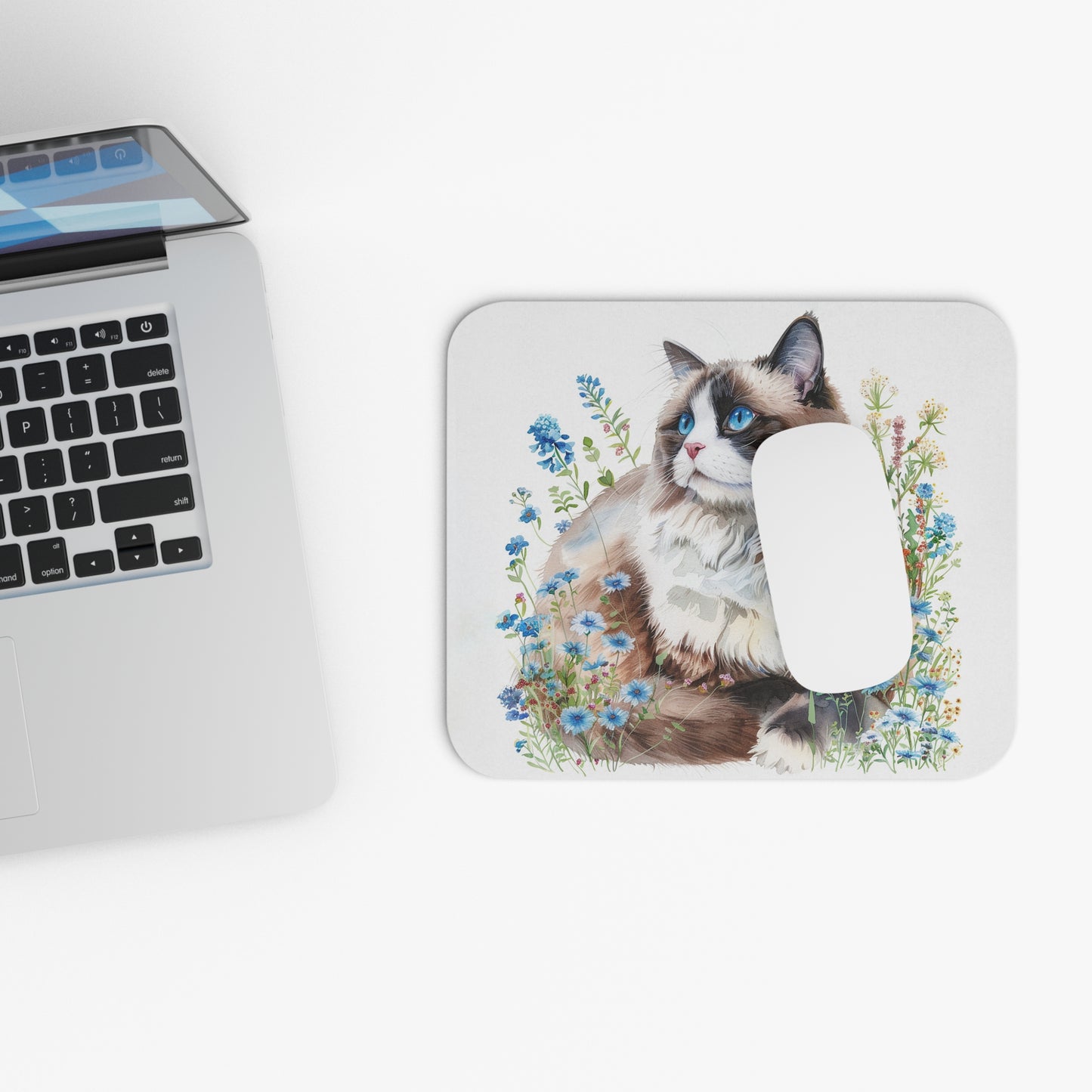 🖱️🐱 Blue-Eyed Cat Mouse Pad – Watercolor Floral Desk Art