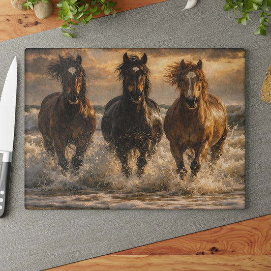 Running Horses on the Beach Glass Cutting Board – Coastal Horse Lover Farmhouse Kitchen Decor