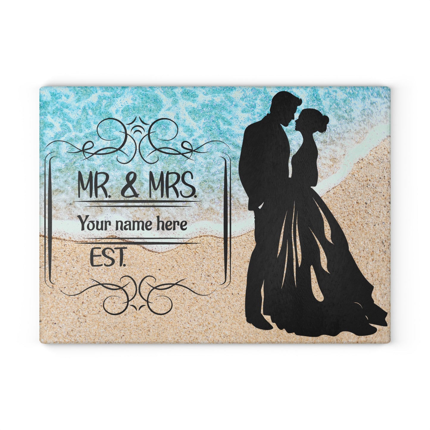 Tabla de cortar "Sr. y Sra. Coastal Romance": regalo de boda personalizado con nombre y año