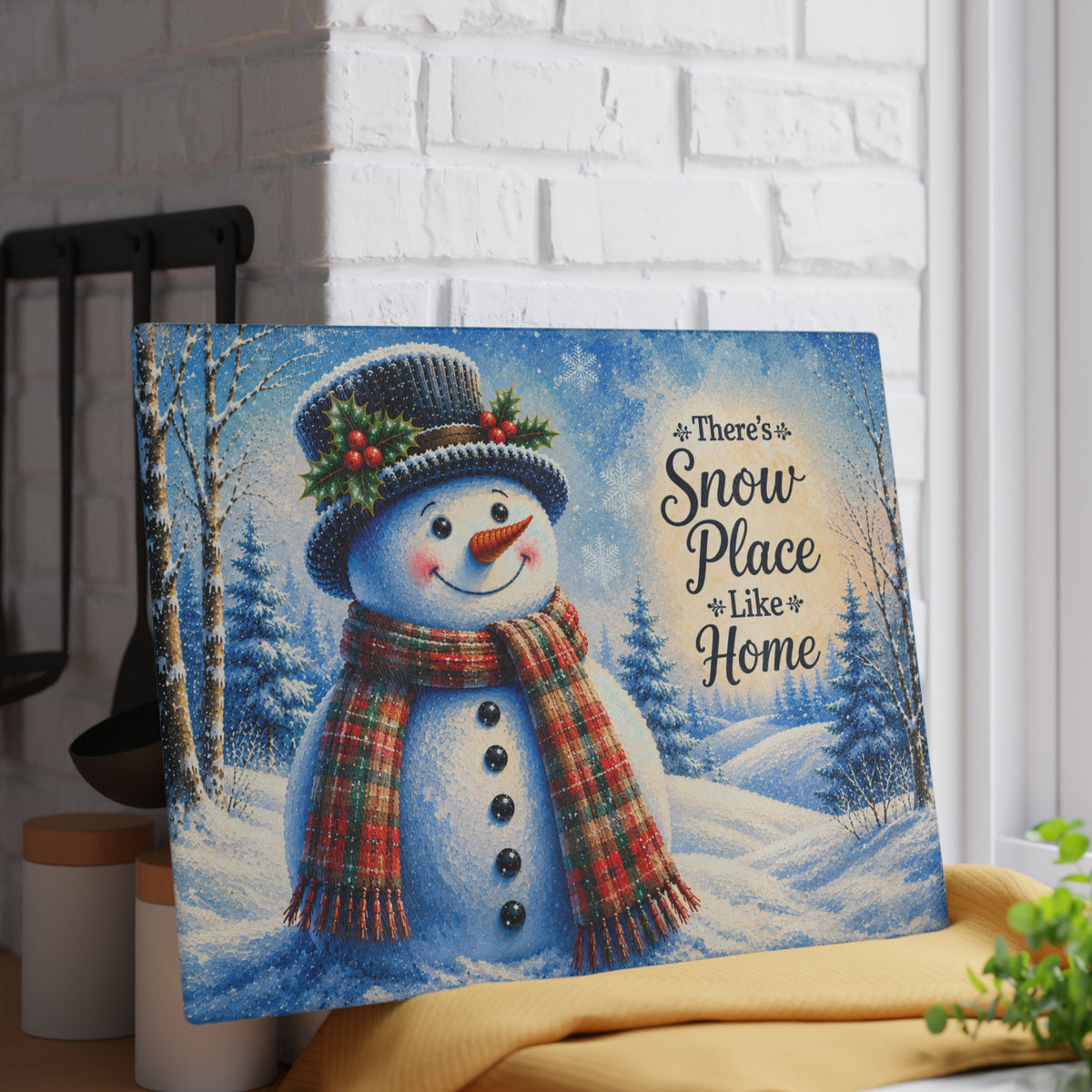 There’s Snow Place Like Home Snowman Glass Cutting Board – Red & Green Plaid Winter Kitchen Decor