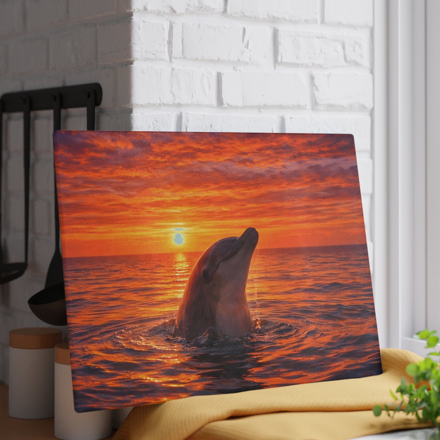 Dolphin Sunset Glass Cutting Board – Ocean Serenity Coastal Kitchen Decor
