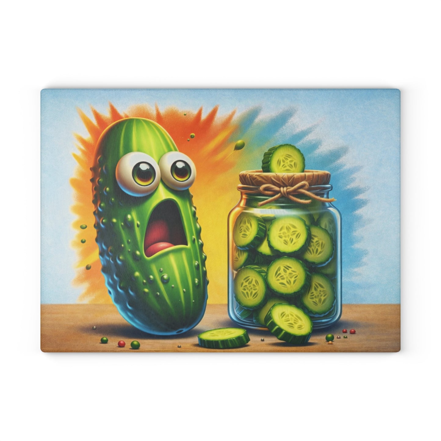 Pickled Shock Glass Cutting Board – Funny Pickle Kitchen Art with Surprised Expression