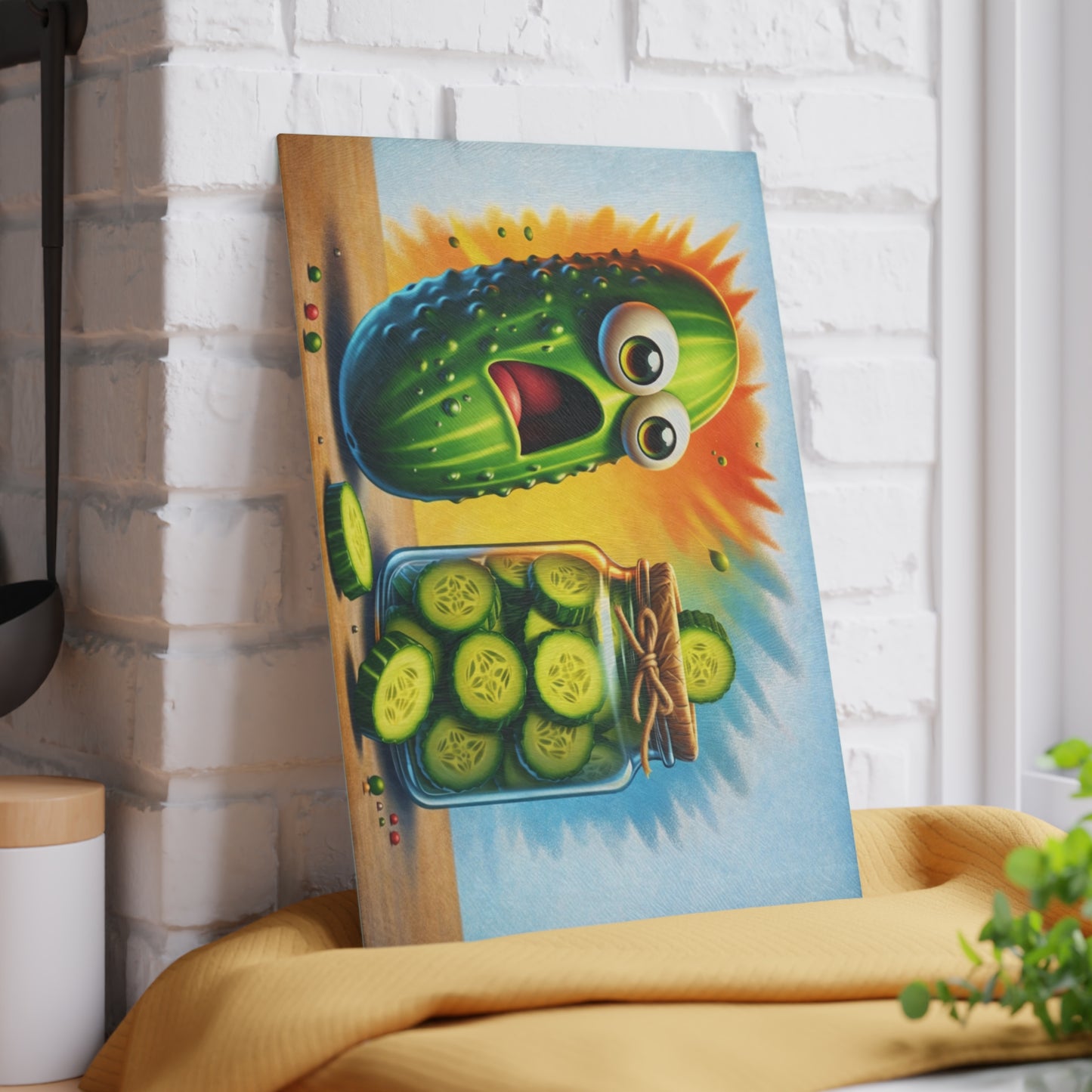 Pickled Shock Glass Cutting Board – Funny Pickle Kitchen Art with Surprised Expression